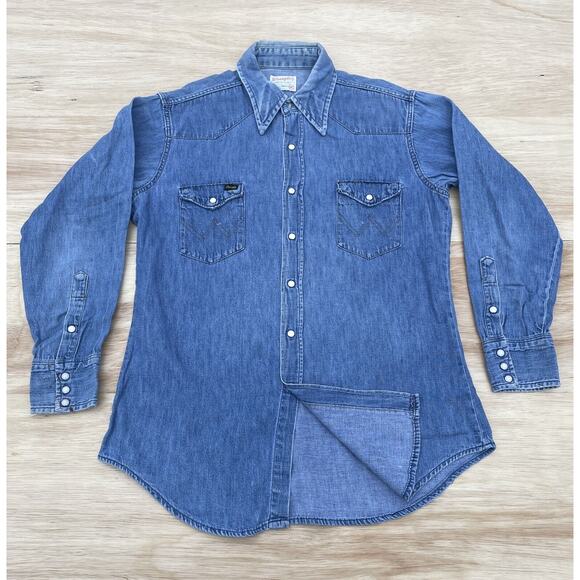 Vtg. 60's 70's Wrangler Denim Pearl Snap Western Shirt PreShrunk Men's USA Made - Picture 1 of 8